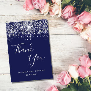 Birthday 50 navy blue silver glitter thank you card