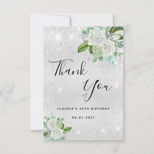 Birthday 50 silver glitter dust white floral thank you card