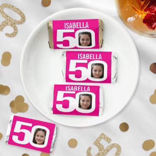 Birthday 50th pink white now and then photo name hershey's miniatures