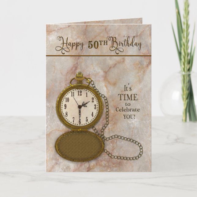 Birthday 50th Pocket Watch and Chain  Card (Front)
