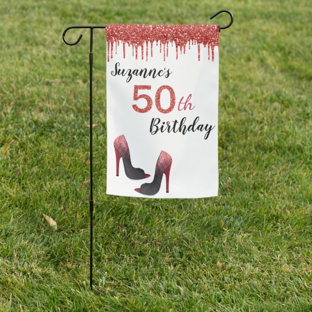 Birthday 50th red  Glitter Party Personalized Garden Flag (In SItu)
