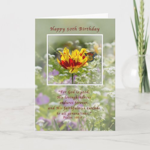 Birthday 50th Tulip and Butterfly Religious Card