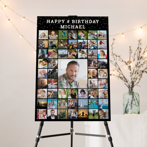 Birthday 55 Photo Collage Your Text and Color Foam Board - Celebrate any age birthday with a photo collage display on foam board utilizing this easy-to-upload template with 55 square pictures of him or her through the years and entertain party guests. The design features gold confetti, your custom text (the sample suggests HAPPY # BIRTHDAY NAME in an editable font style against an editable black background color so you can customize it to coordinate with your party theme colors and style. ASSISTANCE:  For help with design modification or personalization, color change, resizing or transferring the design to another product, contact the designer BEFORE ORDERING via the Zazzle Chat MESSAGE tab below or email makeitaboutyoustore@gmail.com.