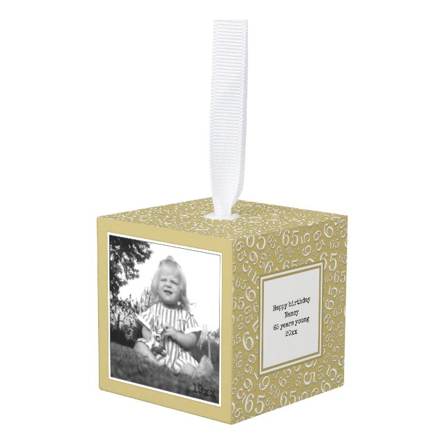 Birthday 65 Keepsake - Gold/White Number Pattern Cube Ornament (Front Angled)