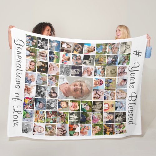 Birthday 67 Photo Collage Custom Text White Fleece Blanket - Create a photo memory keepsake blanket for a birthday gift showcasing 67 pictures in an easy-to-use photo collage template and your custom saying, quote or other text shown in a suggested white background with gray text. The sample shows # YEARS BLESSED and GENERATIONS OF LOVE. CHANGES:  You can change the background color or text font style, size, color and placement by clicking on CUSTOMIZE FURTHER in the PERSONALIZE section. ASSISTANCE:  For help with design modification/personalization, color change, transferring the design to another product or if you would like coordinating items, contact the designer BEFORE ORDERING via the Zazzle Chat MESSAGE tab or email at makeitaboutyoustore@gmail.com.