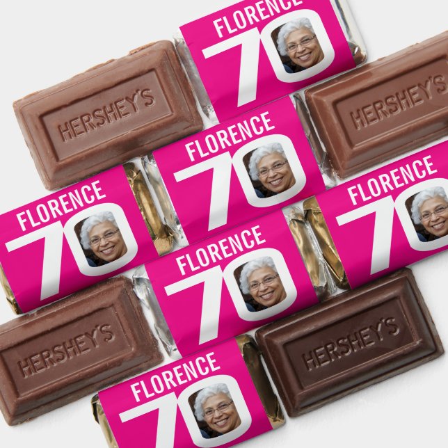 Birthday 70th pink white now and then photo name hershey's miniatures (Assorted)