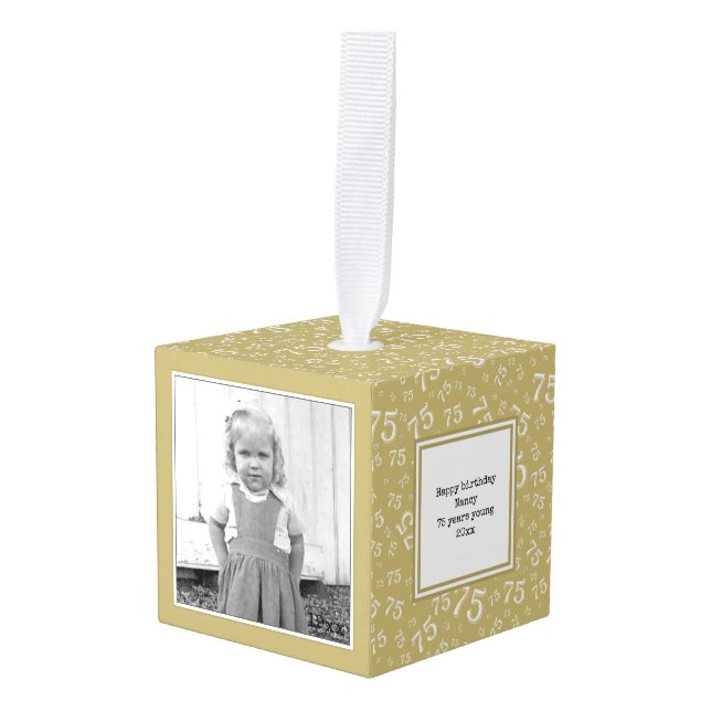 Birthday 75 Keepsake - Gold/White Number Pattern Cube Ornament (Front Angled)