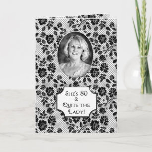 Birthday - 80 - Photo Insert - Black/White Floral Card