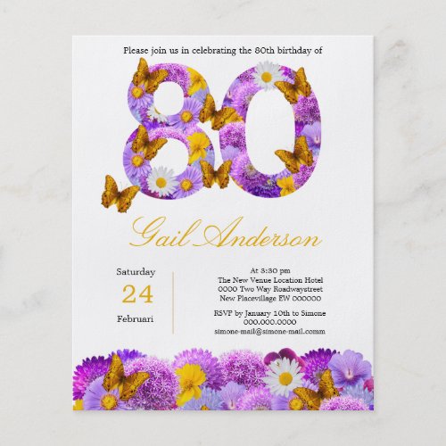 Birthday 80 years floral flower party invitation flyer