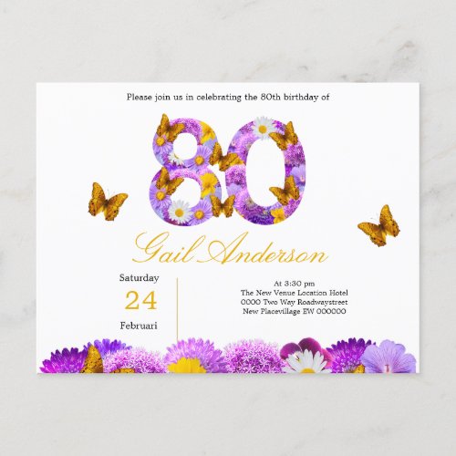 Birthday 80 years floral milestone party  invitation postcard