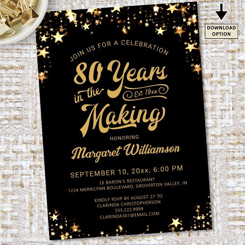 Birthday 80 Years in the Making Black Gold Stars Invitation