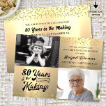 Birthday 80 Years in the Making Metallic Gold Phot Invitation<br><div class="desc">Celebrate an 80th birthday (or any age) with this elegant faux metallic gold and black photo invitation featuring 2 pictures and a retro calligraphy script typography design saying # YEARS IN THE MAKING which incorporates his or her birth year within the design). Party invitation details are on the back side....</div>