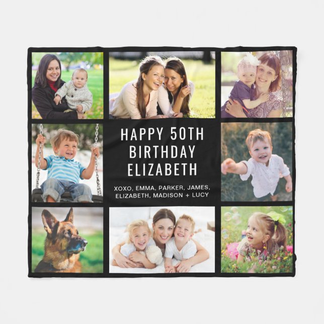 Birthday 8 Photo Personalized Black Fleece Blanket (Front (Horizontal))