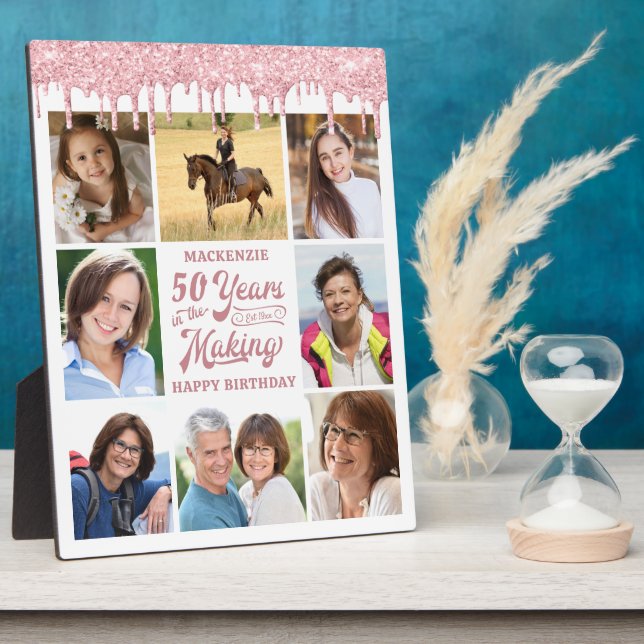 Birthday 8 Photos Rose Gold Pink Glitter Drip Plaque (Side)