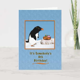 Birthday, 8th, Humorous Penguin and Cake Card