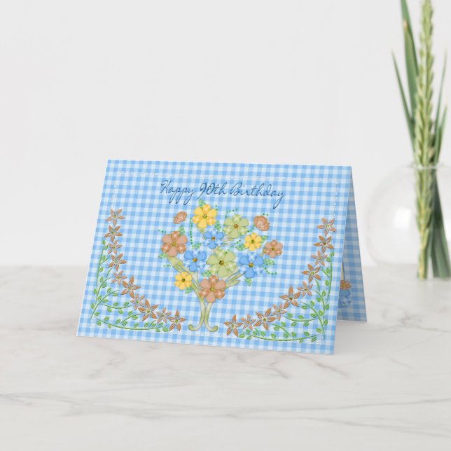 BIRTHDAY - 90th - BLUE GINGHAM/FLOWERS Card (Front)