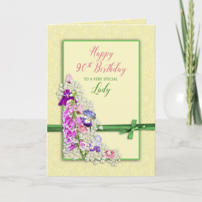 BIRTHDAY - 90th - GARDEN FLOWERS,GREEN BOW Card (Front)