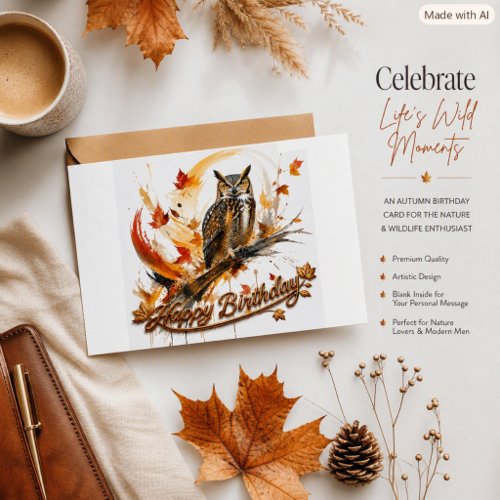 Birthday Abstract Autumn Owl Fall Leaves Modern  Card