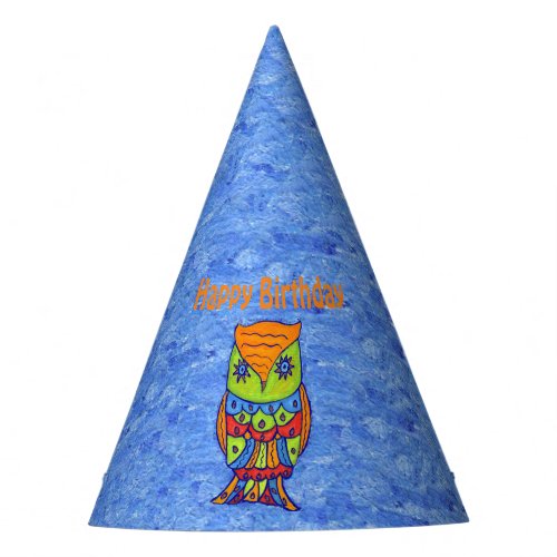 Birthday Abstract Neon Colored Owl on Blue Party Hat