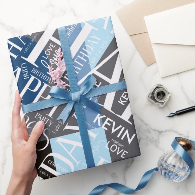 Birthday Add Medium Length Name Blue ID274 Wrapping Paper (Gifting)