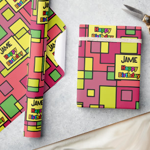Birthday Add Name Retro Color Pop Custom Wrapping Paper