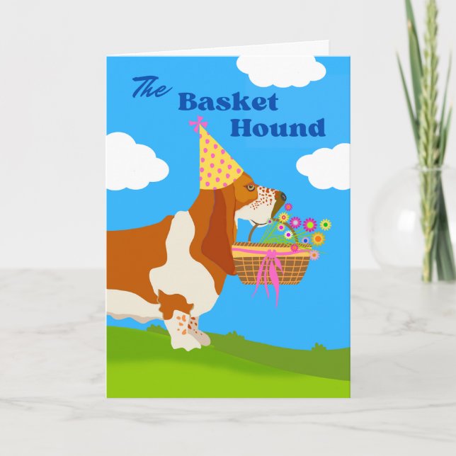 Birthday Adorable Basket Basset Hound with Flowers Card (Front)