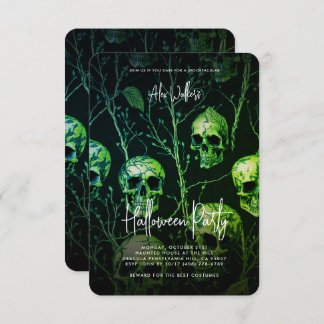 Birthday Adult Halloween Party Haunted Green Skull Invitation