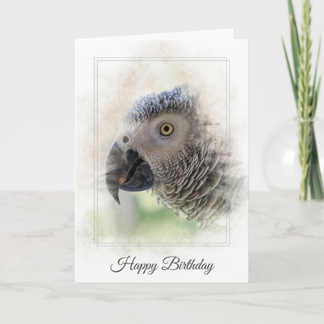 Birthday African Gray Parrot Macro Card (Front)