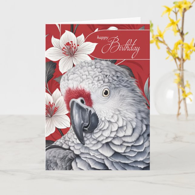 Birthday African Grey Parrot Red and White Lilies Card (Yellow Flower)