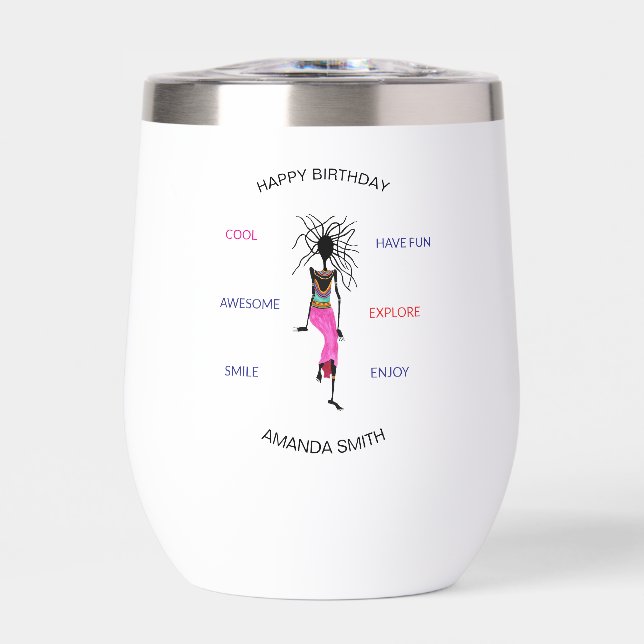 Birthday, African Woman Warrior Dance Thermal Wine Tumbler (Front)