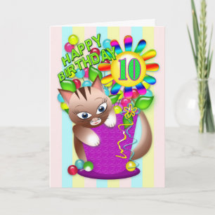 Birthday - Age 10 - Kitty Cat Celebrating Card
