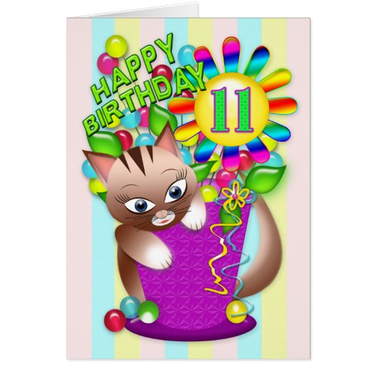 Birthday - Age 11 - Kitty Cat Celebrating Cards (Front)