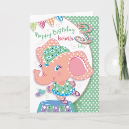 Birthday Age 3, Ella Ballerina Elephant Card
