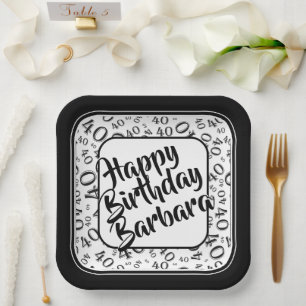 Birthday Age 40 Random Number Pattern Black/White Paper Plates
