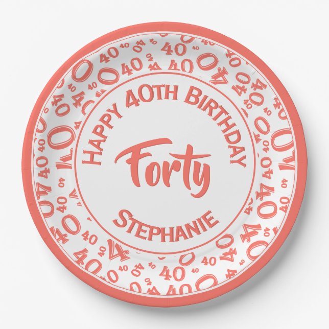 Birthday Age 40 Random Number Pattern Coral/White Paper Plates (Front)