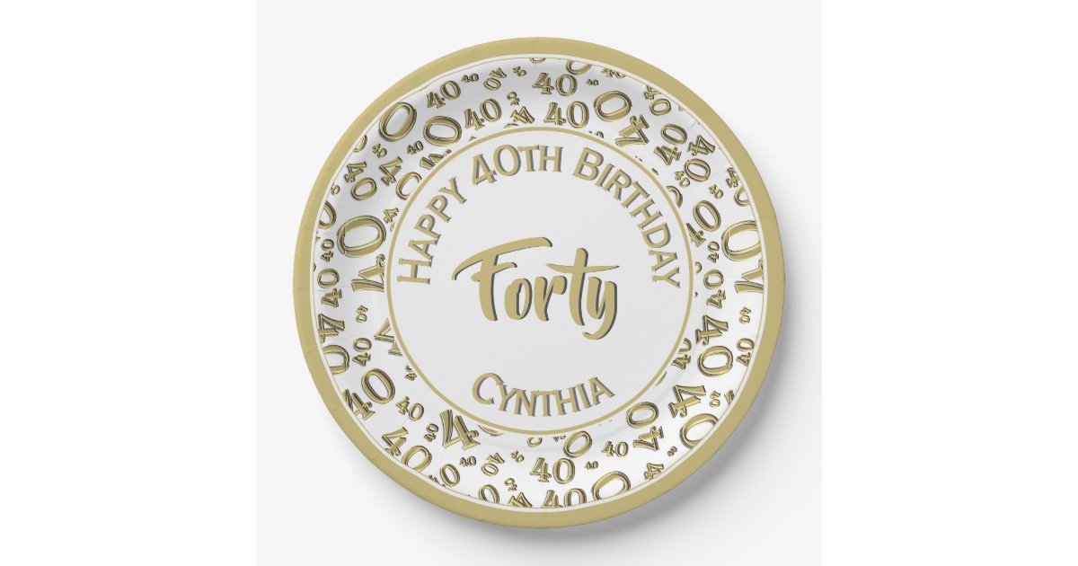Birthday Age 40 Random Number Pattern Gold/White Paper Plates | Zazzle
