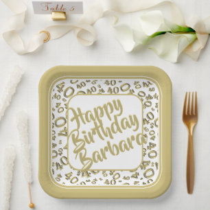 Birthday Age 40 Random Number Pattern Gold/White Paper Plates