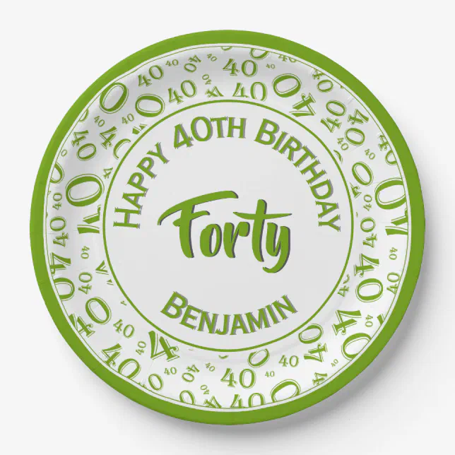 Birthday Age 40 Random Number Pattern Green/White Paper Plates | Zazzle