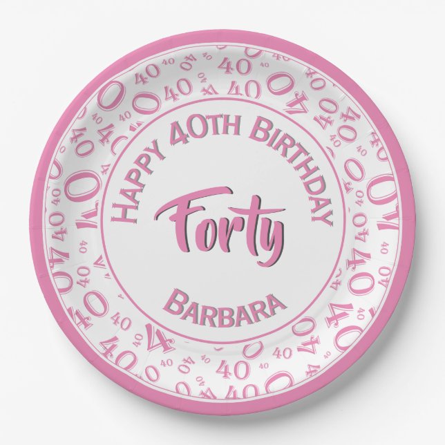 Birthday Age 40 Random Number Pattern Pink/White Paper Plates (Front)
