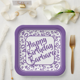 Birthday Age 40 Random Number Pattern Purple/White Paper Plates