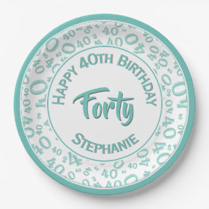 Birthday Age 40 Random Number Pattern Teal/White Paper Plates