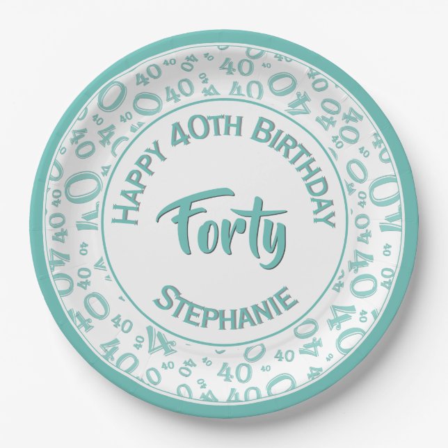 Birthday Age 40 Random Number Pattern Teal/White Paper Plates (Front)