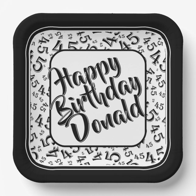Birthday Age 45 Random Number Pattern Black/White Paper Plates (Front)