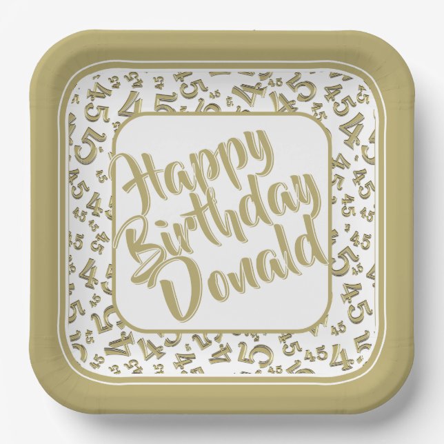 Birthday Age 45 Random Number Pattern Gold/White Paper Plates (Front)