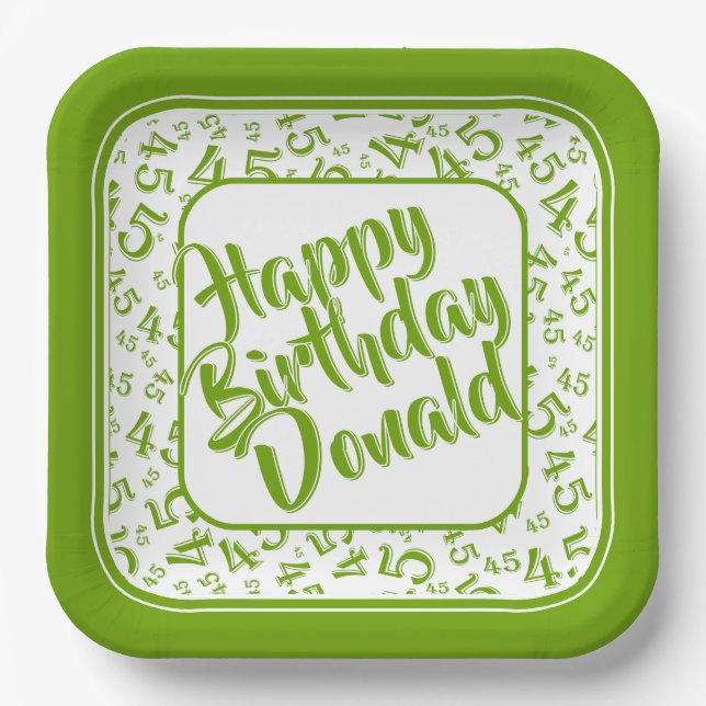 Birthday Age 45 Random Number Pattern Green/White Paper Plates (Front)