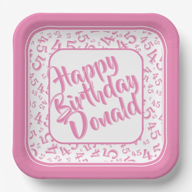 Birthday Age 45 Random Number Pattern Pink/White Paper Plates (Front)