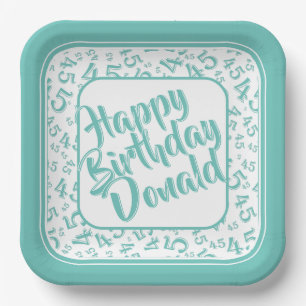 Birthday Age 45 Random Number Pattern Teal/White Paper Plates