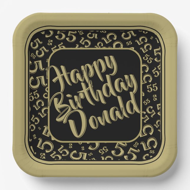 Birthday Age 55 Random Number Pattern Black/Gold Paper Plates (Front)