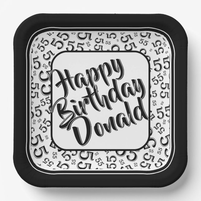 Birthday Age 55 Random Number Pattern Black/White Paper Plates (Front)