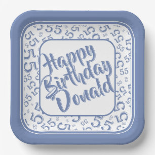 Birthday Age 55 Random Number Pattern Blue/White Paper Plates